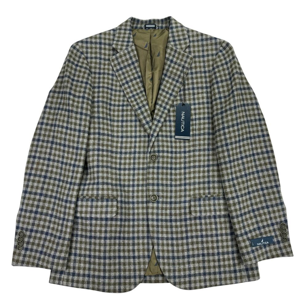 Nautica Mens Modern Fit Tweed Plaid Sport Coat Gray Blue 36S